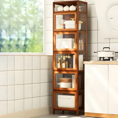 Modern Bamboo Tall Curio Cabinet with Glass Doors Image - 11