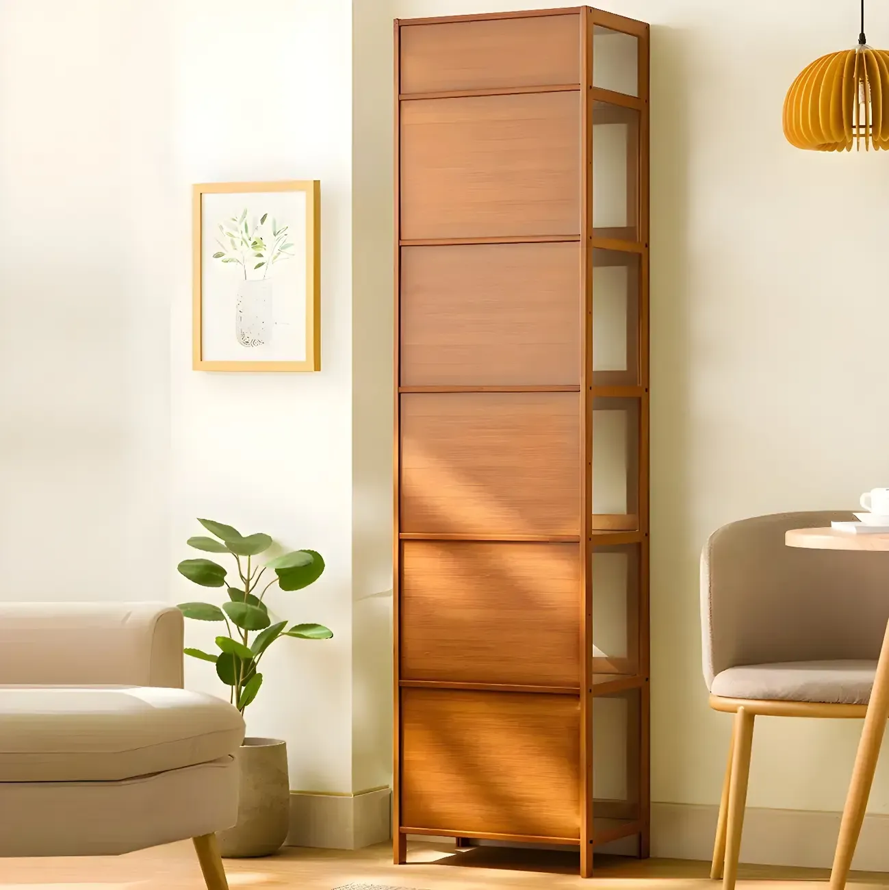 Modern Bamboo Tall Curio Cabinet with Glass Doors Image - 6