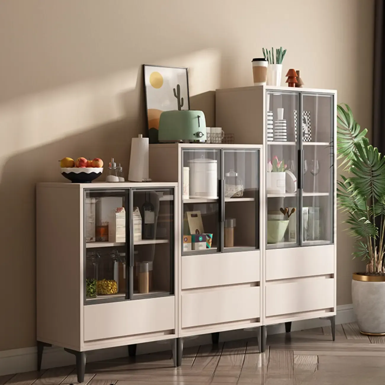 Khaki Wooden Adjustable Shelf Display Cabinet with Drawer Image - 1