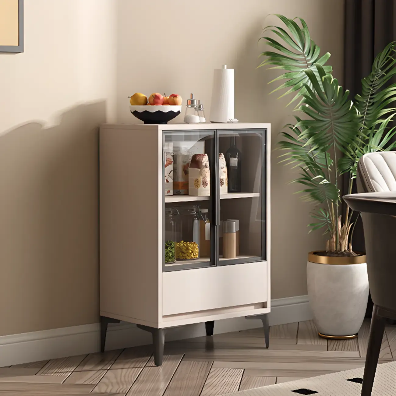 Khaki Wooden Adjustable Shelf Display Cabinet with Drawer | HomeyFad