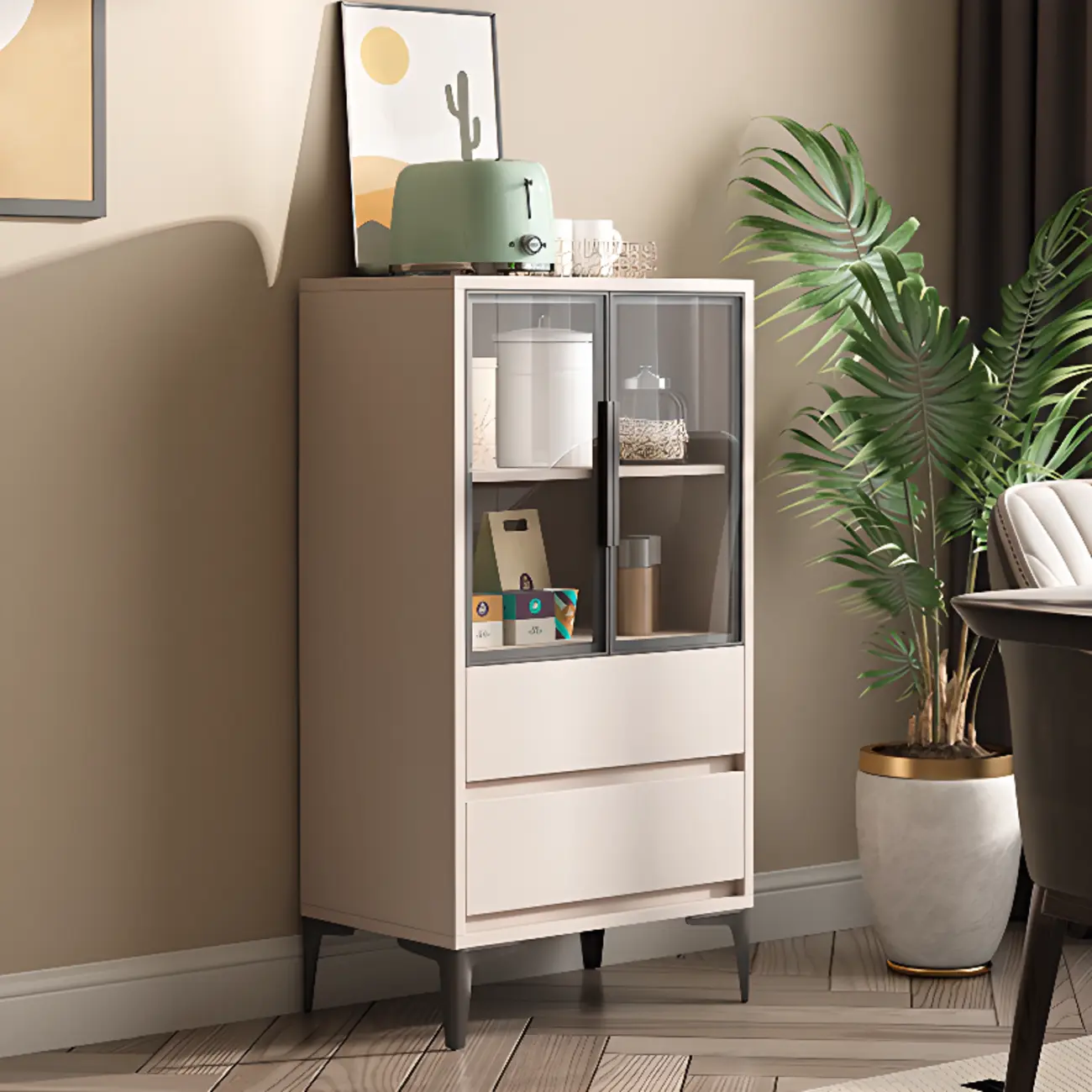 Khaki Wooden Adjustable Shelf Display Cabinet with Drawer Image - 3 | homeyfad