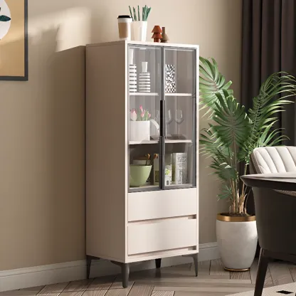 Khaki Wooden Adjustable Shelf Display Cabinet with Drawer Image - 5