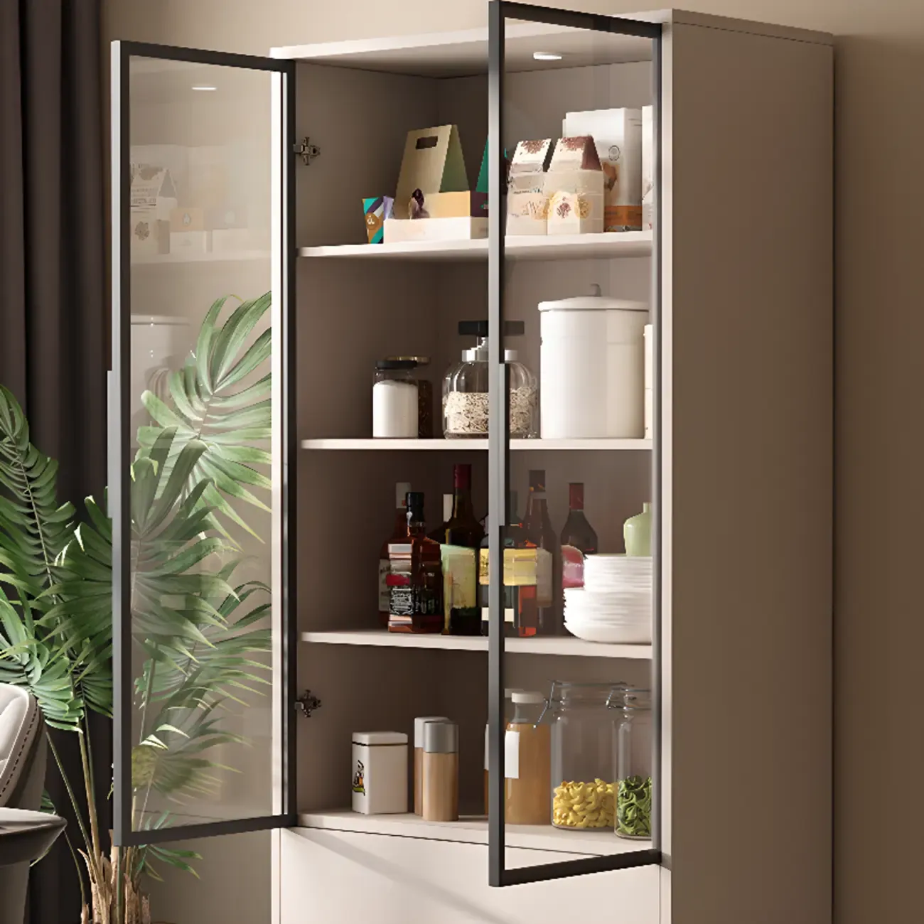 Khaki Wooden Adjustable Shelf Display Cabinet with Drawer Image - 6