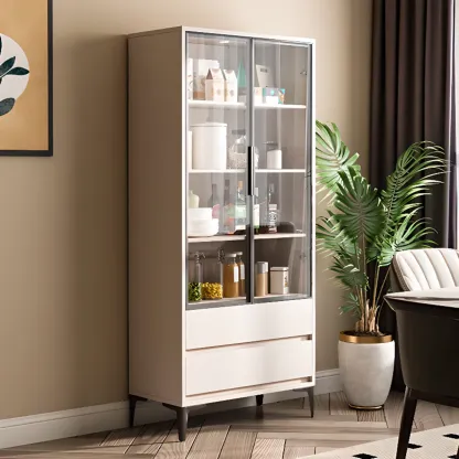 Khaki Wooden Adjustable Shelf Display Cabinet with Drawer Image - 7