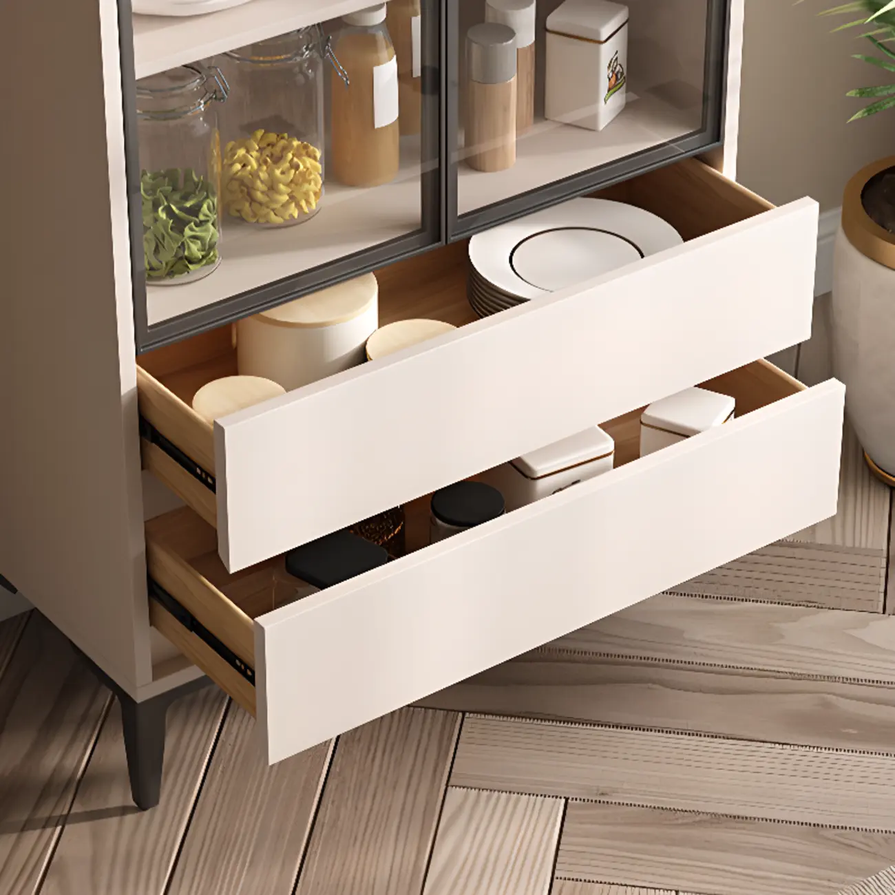 Khaki Wooden Adjustable Shelf Display Cabinet with Drawer Image - 8 | homeyfad