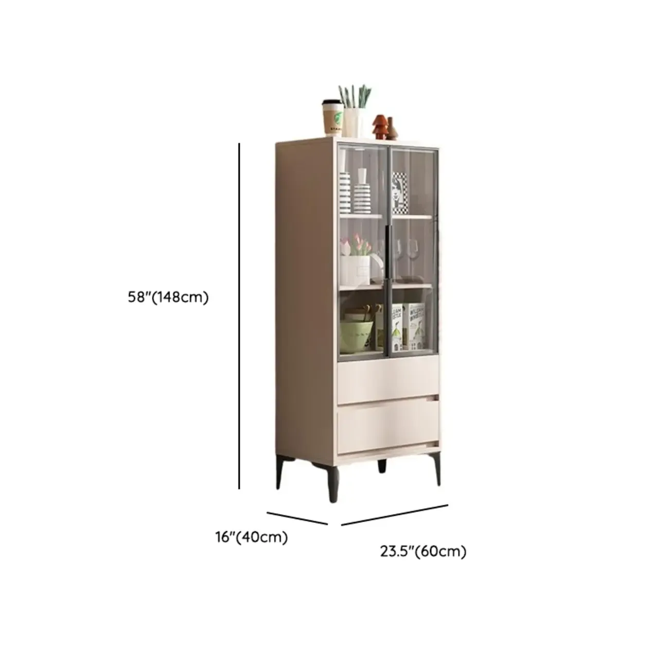 Khaki Wooden Adjustable Shelf Display Cabinet with Drawer Image - 12