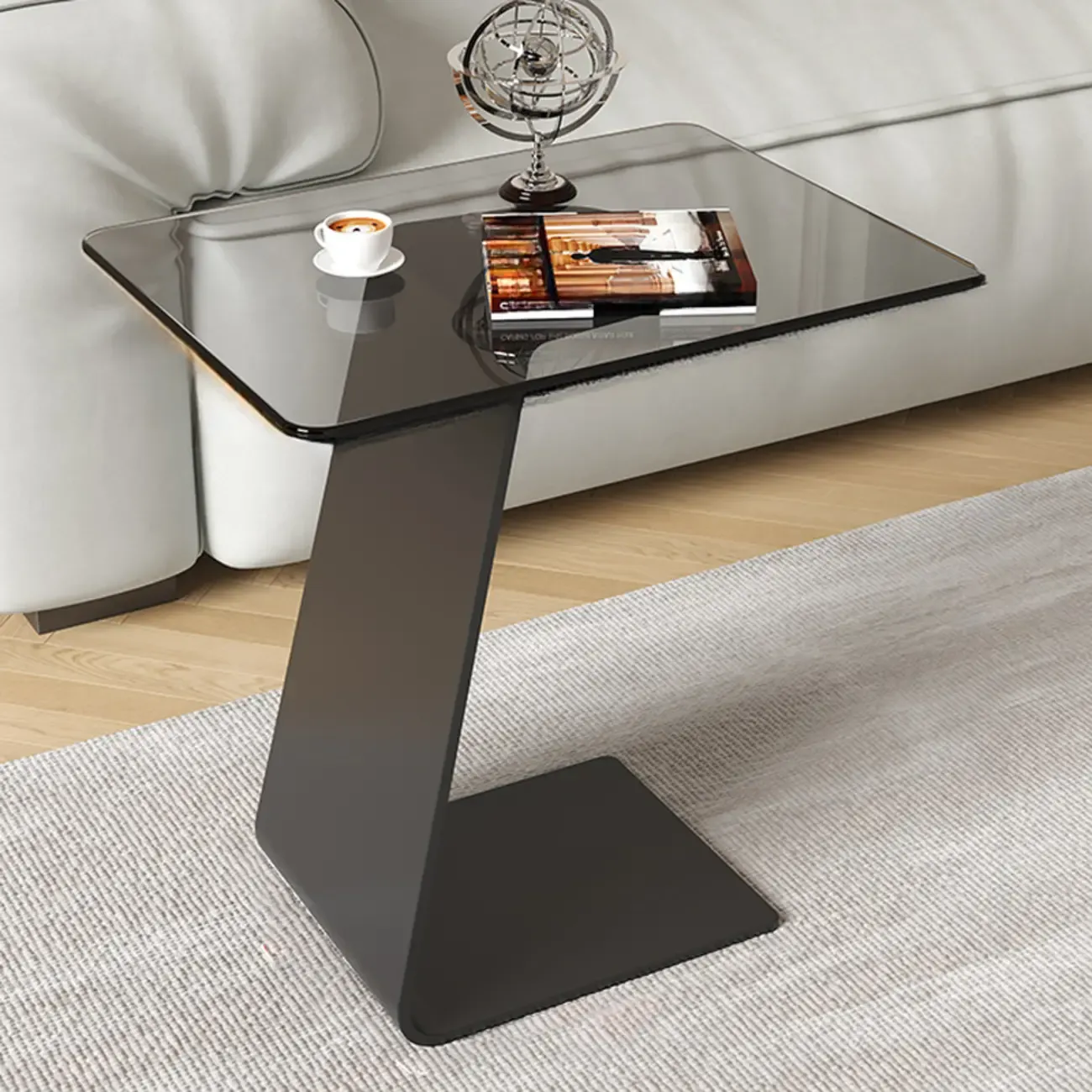 Black Glass Top Metal C-shaped End Table for Living Room Image - 2