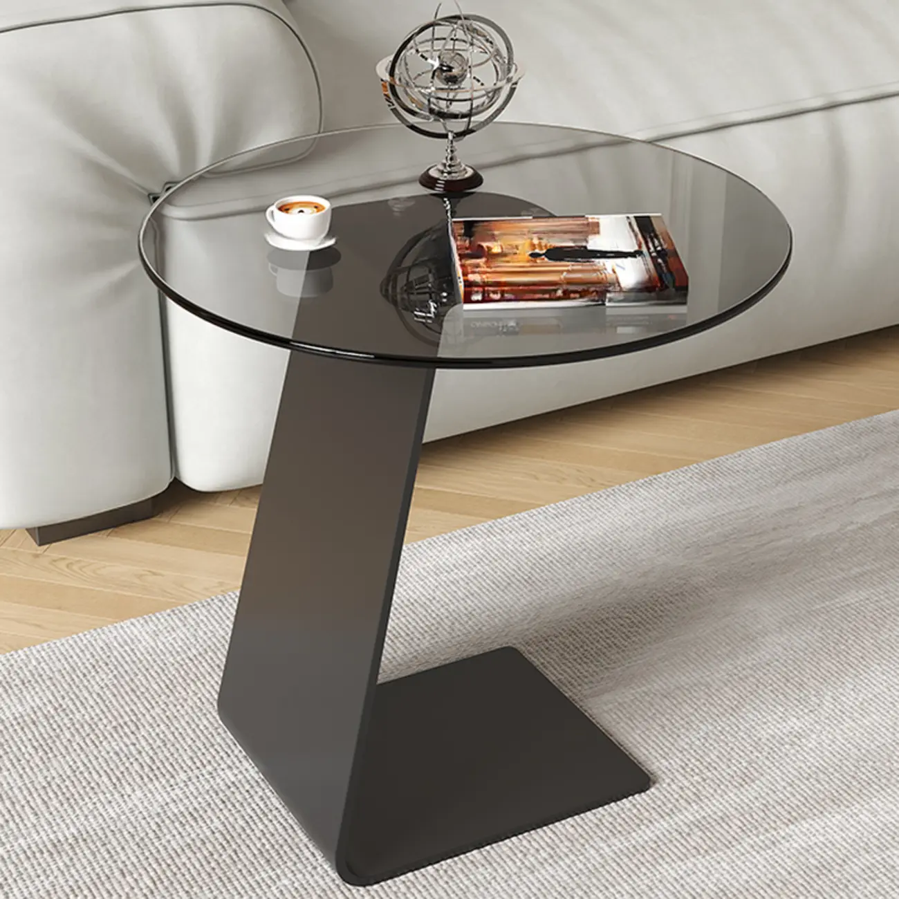 Black Glass Top Metal C-shaped End Table for Living Room Image - 3 | homeyfad