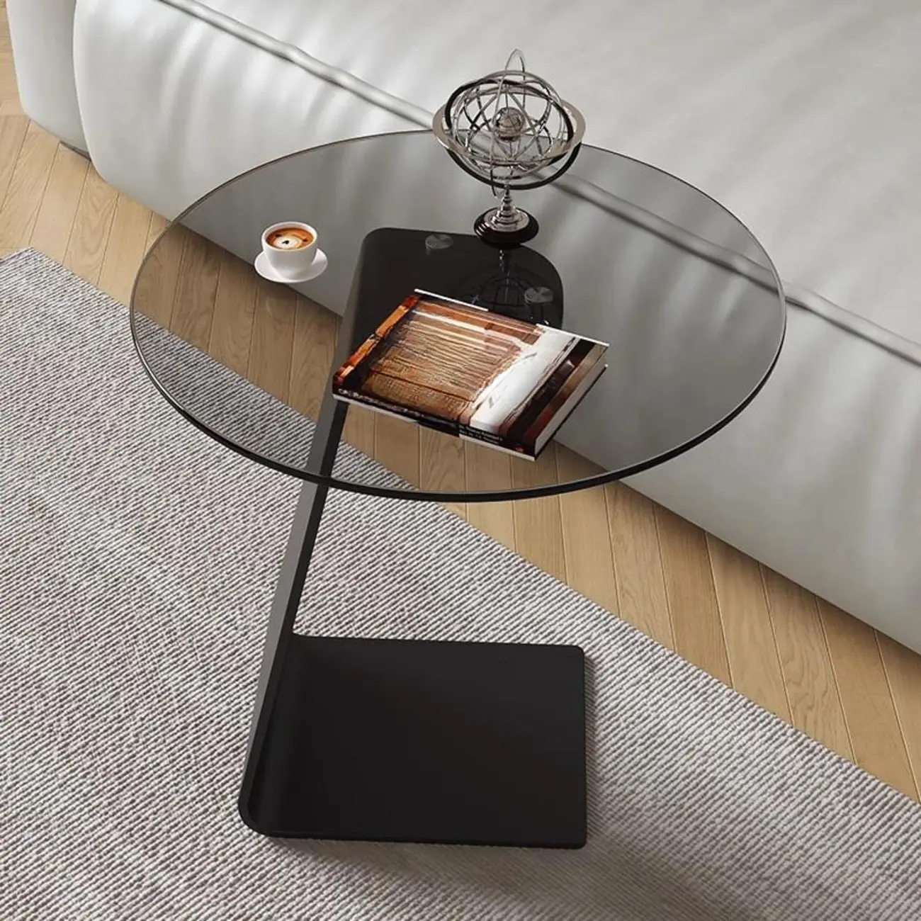 Black Glass Top Metal C-shaped End Table for Living Room Image - 4 | homeyfad