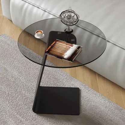 Black Glass Top Metal C-shaped End Table for Living Room Image - 4
