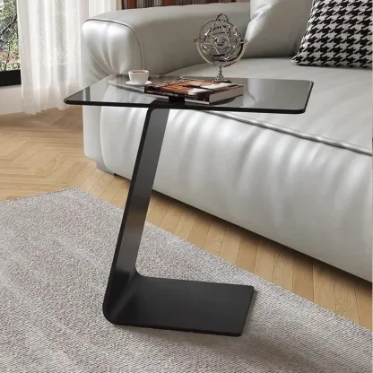Black Glass Top Metal C-shaped End Table for Living Room Image - 5
