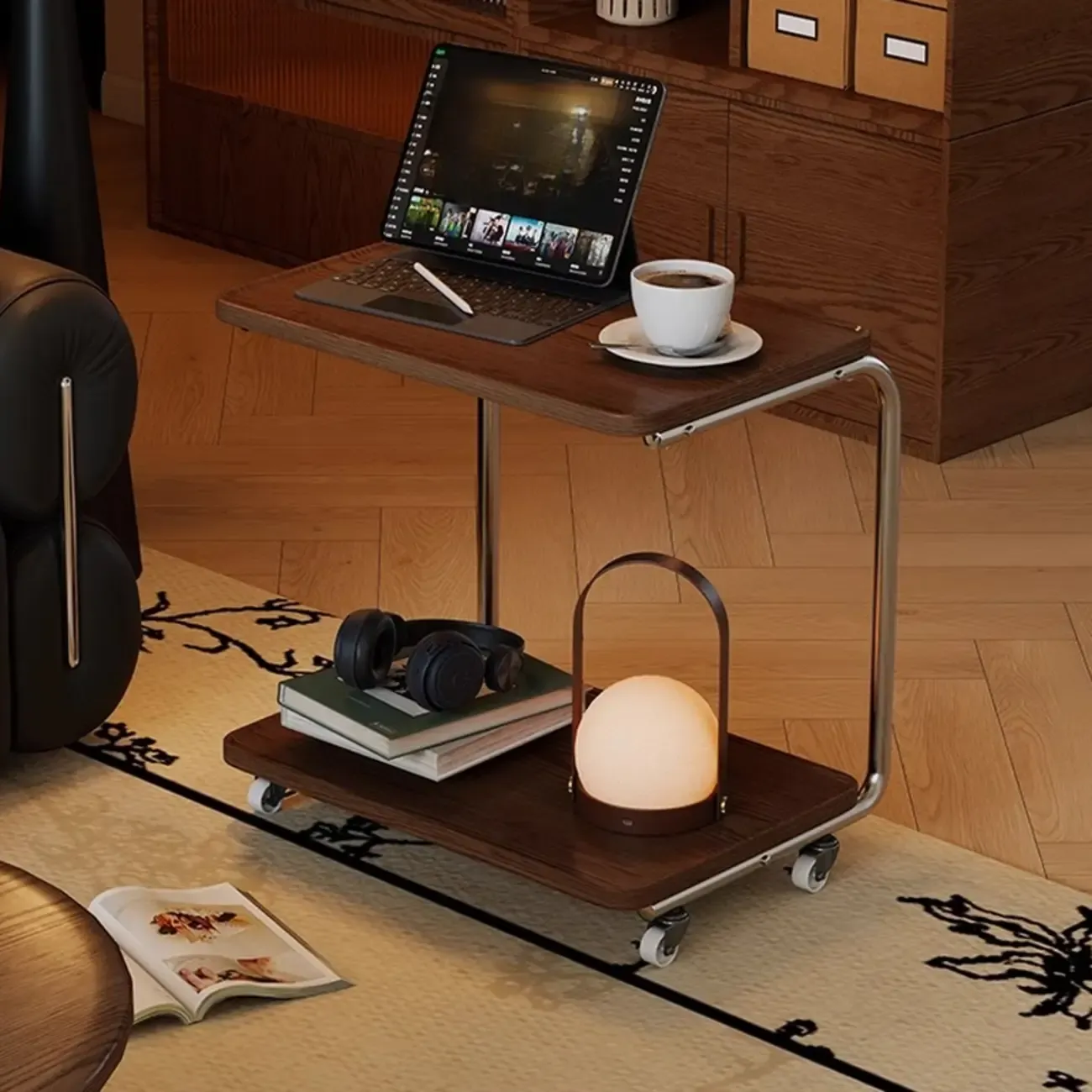 2-tier Rectangular C-shaped Wood Side Table with Wheels Image - 1