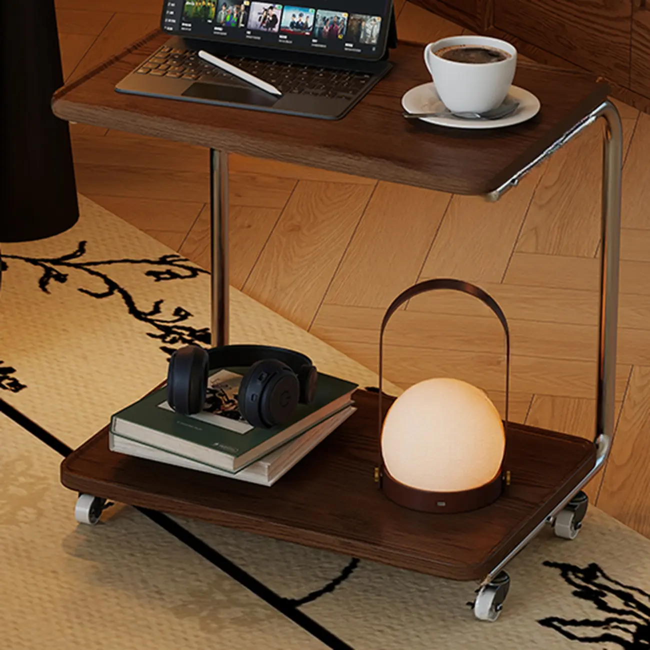 2-tier Rectangular C-shaped Wood Side Table with Wheels Image - 2 | homeyfad