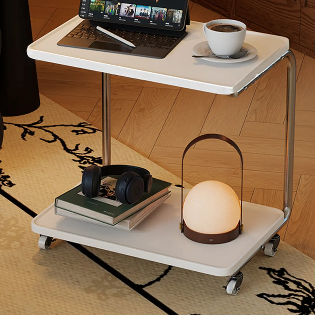 2-tier Rectangular C-shaped Wood Side Table with Wheels Image - 3 | homeyfad
