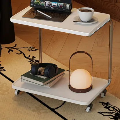 2-tier Rectangular C-shaped Wood Side Table with Wheels Image - 3