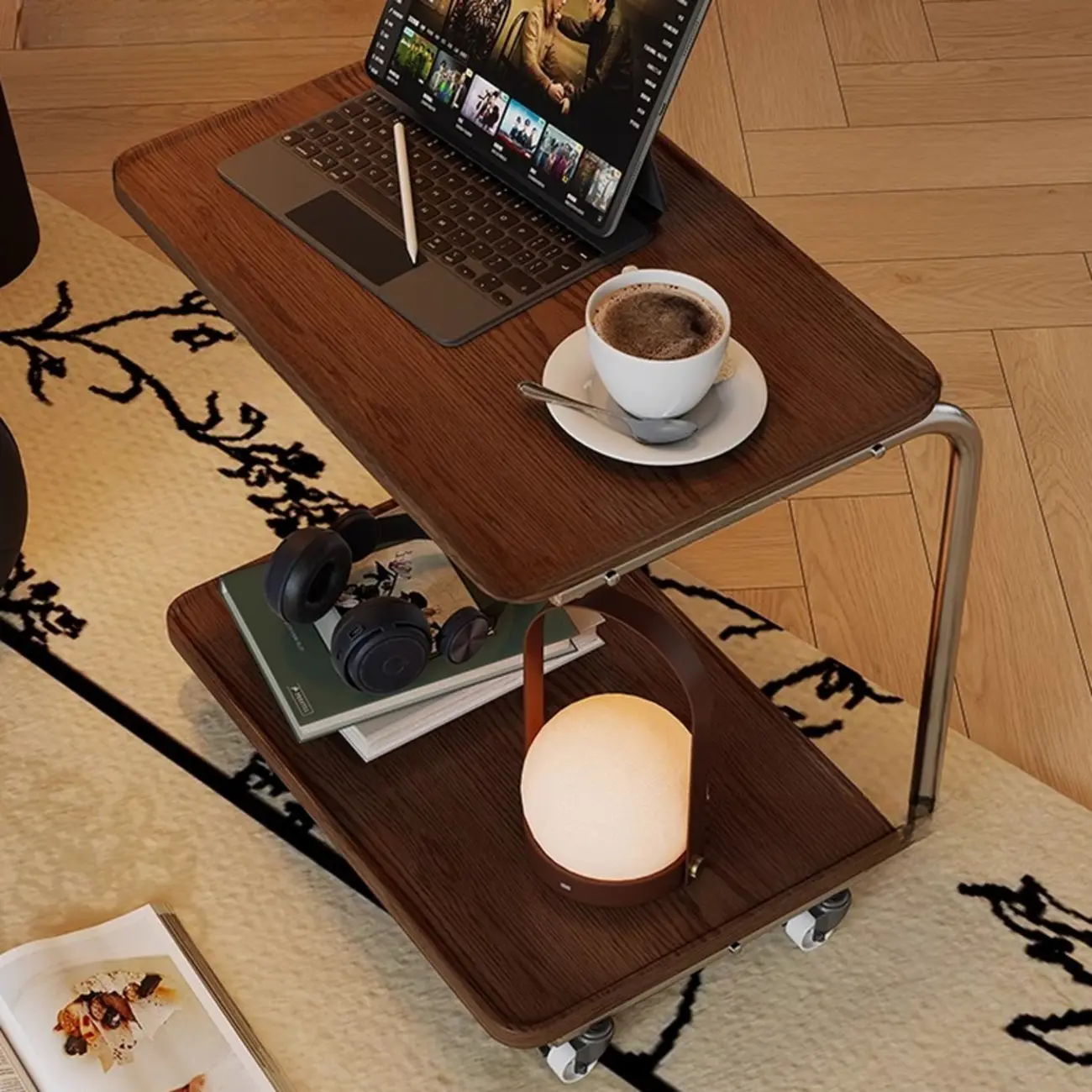 2-tier Rectangular C-shaped Wood Side Table with Wheels Image - 4 | homeyfad