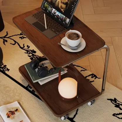 2-tier Rectangular C-shaped Wood Side Table with Wheels Image - 4