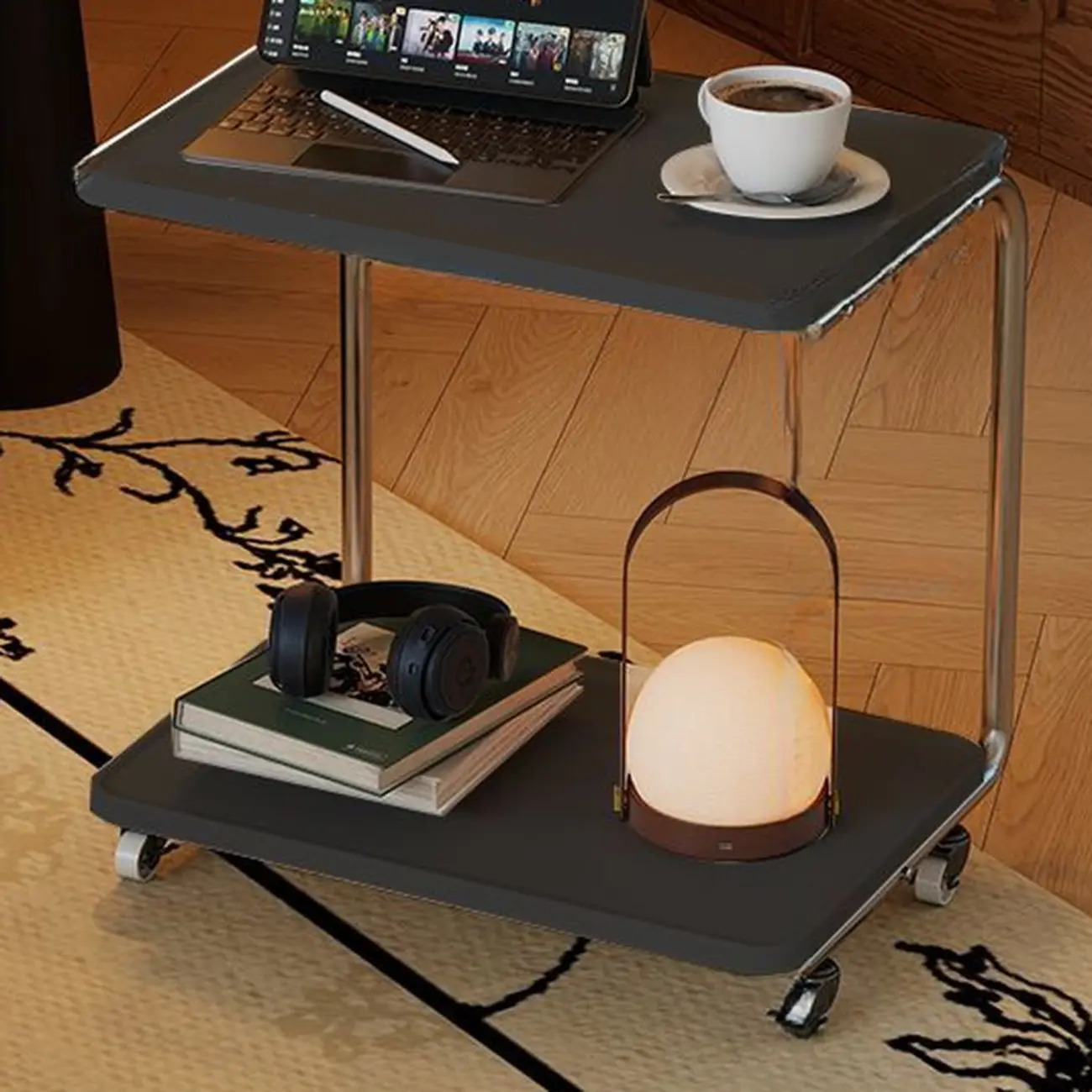 2-tier Rectangular C-shaped Wood Side Table with Wheels Image - 5 | homeyfad