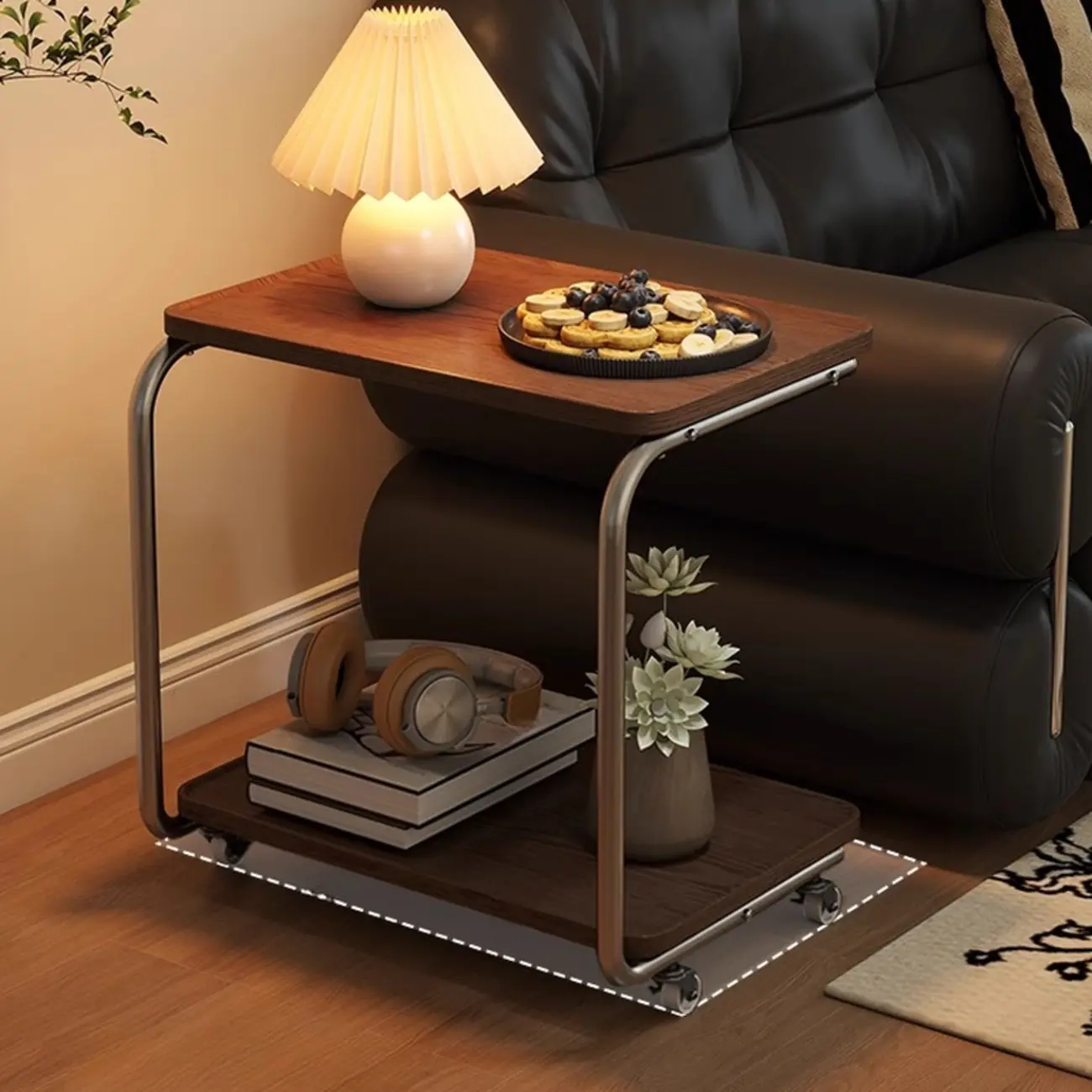 2-tier Rectangular C-shaped Wood Side Table with Wheels Image - 6 | homeyfad