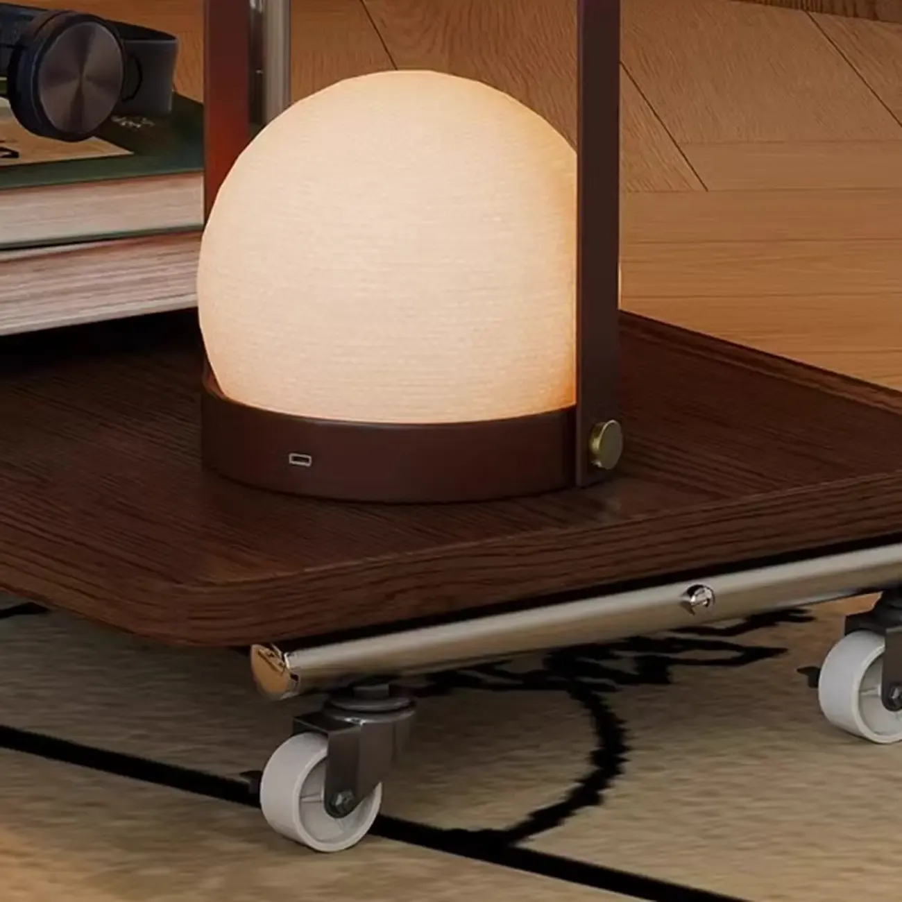 2-tier Rectangular C-shaped Wood Side Table with Wheels Image - 8