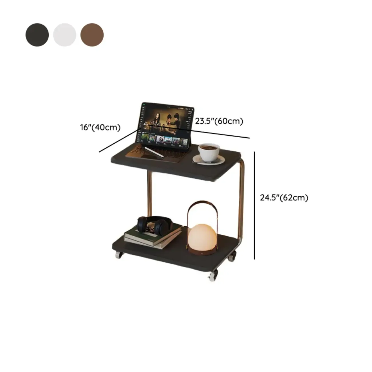 2-tier Rectangular C-shaped Wood Side Table with Wheels #size