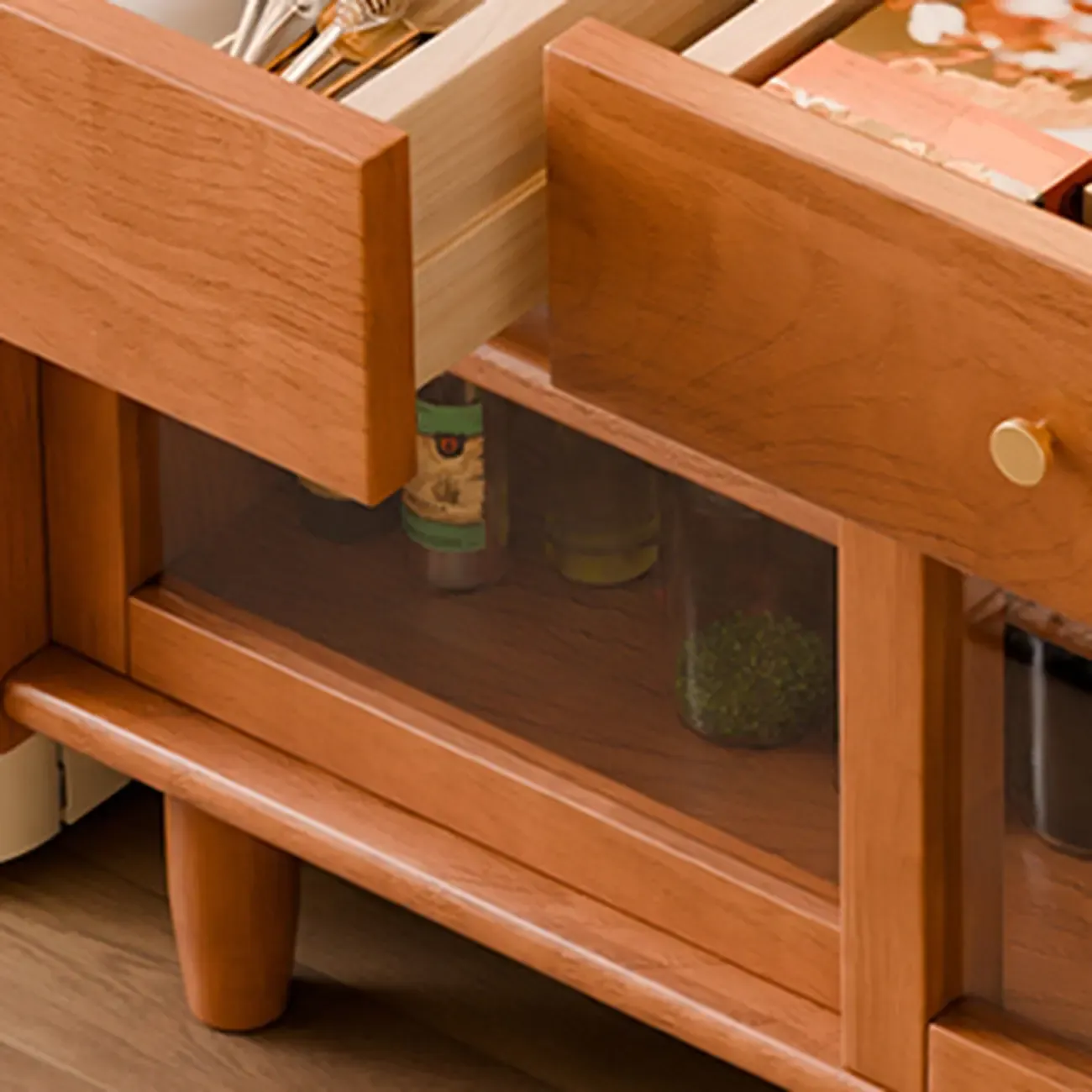 Lighting Cherry Wood 2-Drawer Open Storage Sideboard Image - 6