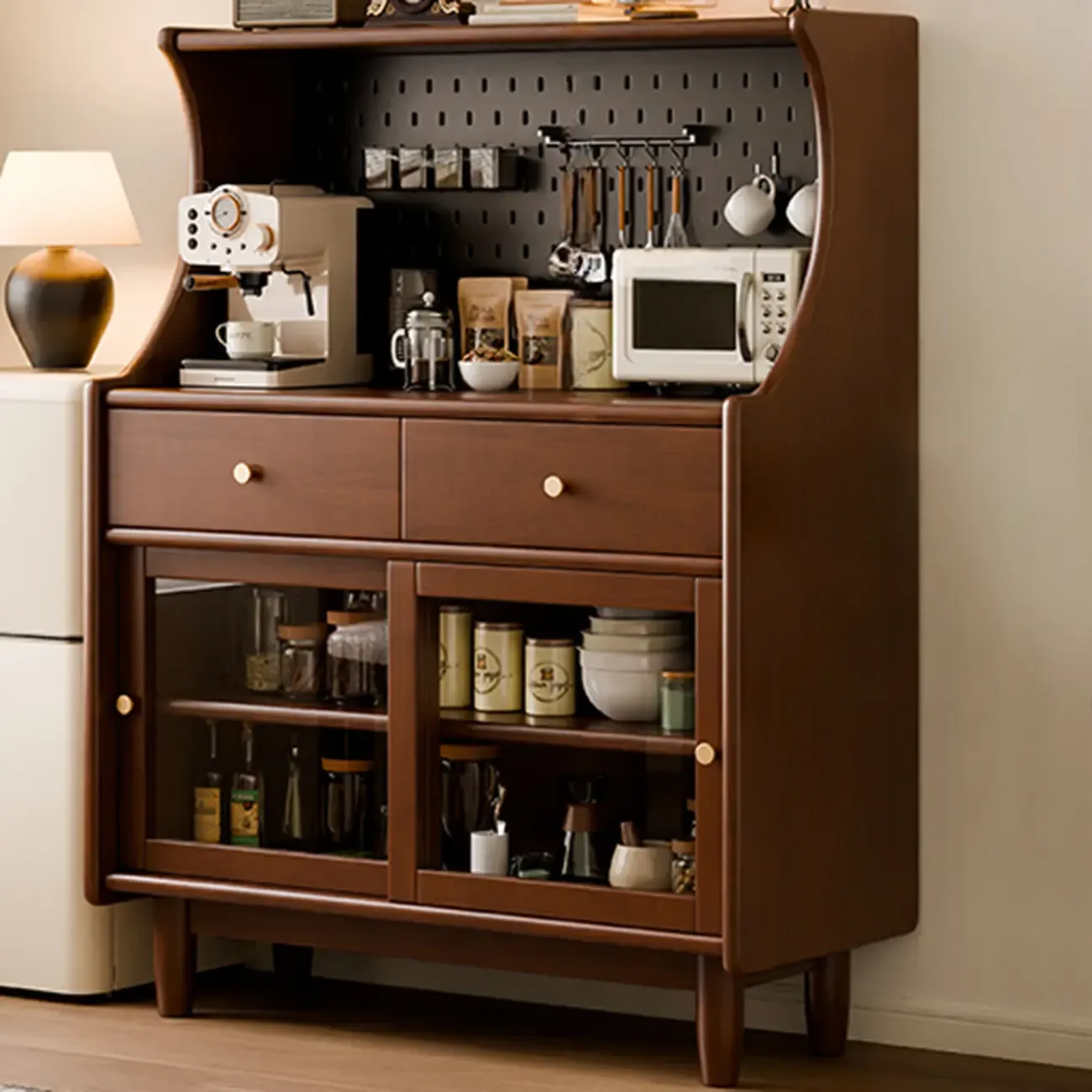 Lighting Cherry Wood 2-Drawer Open Storage Sideboard Image - 4