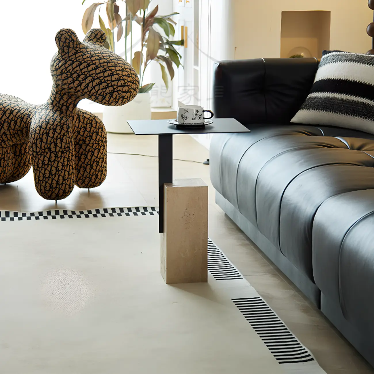 Modish Travertine Pedestal Metal Square Side Table Image - 2 | homeyfad