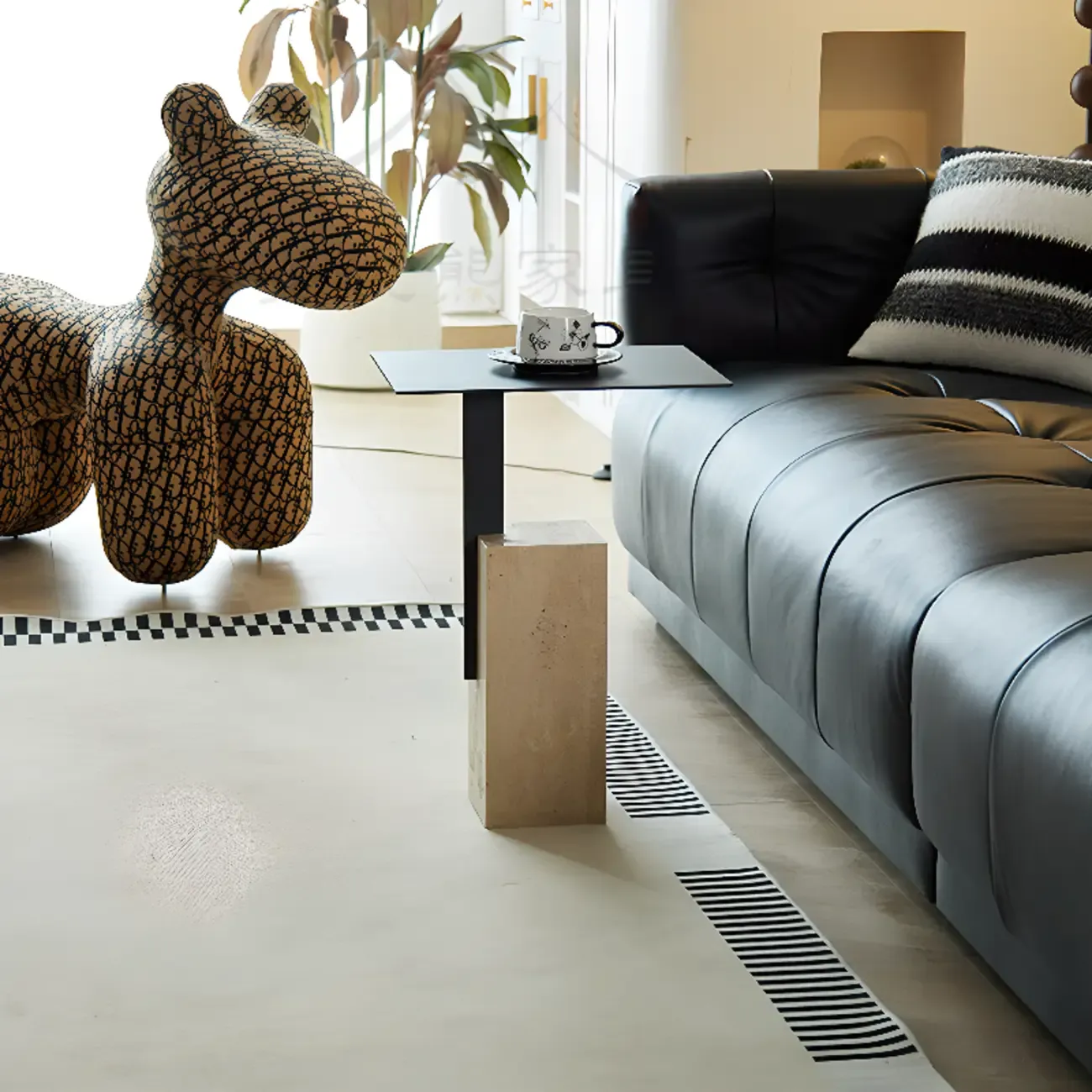 Modish Travertine Pedestal Metal Square Side Table Image - 2