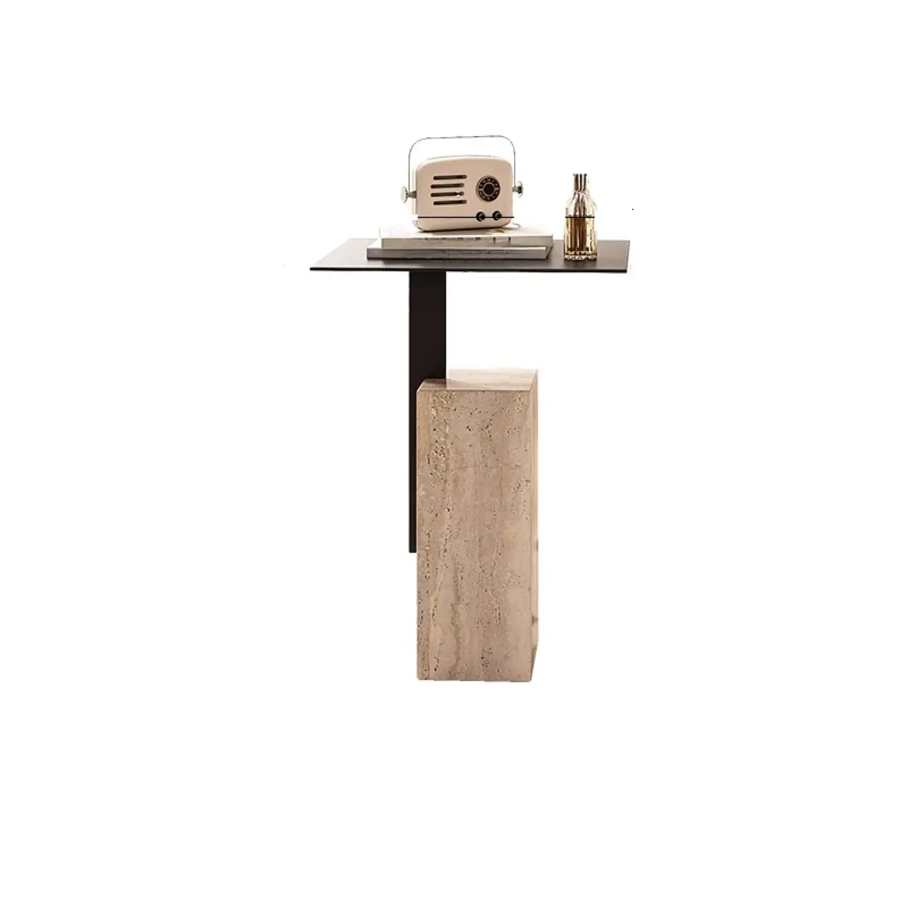 Modish Travertine Pedestal Metal Square Side Table Image - 5 | homeyfad