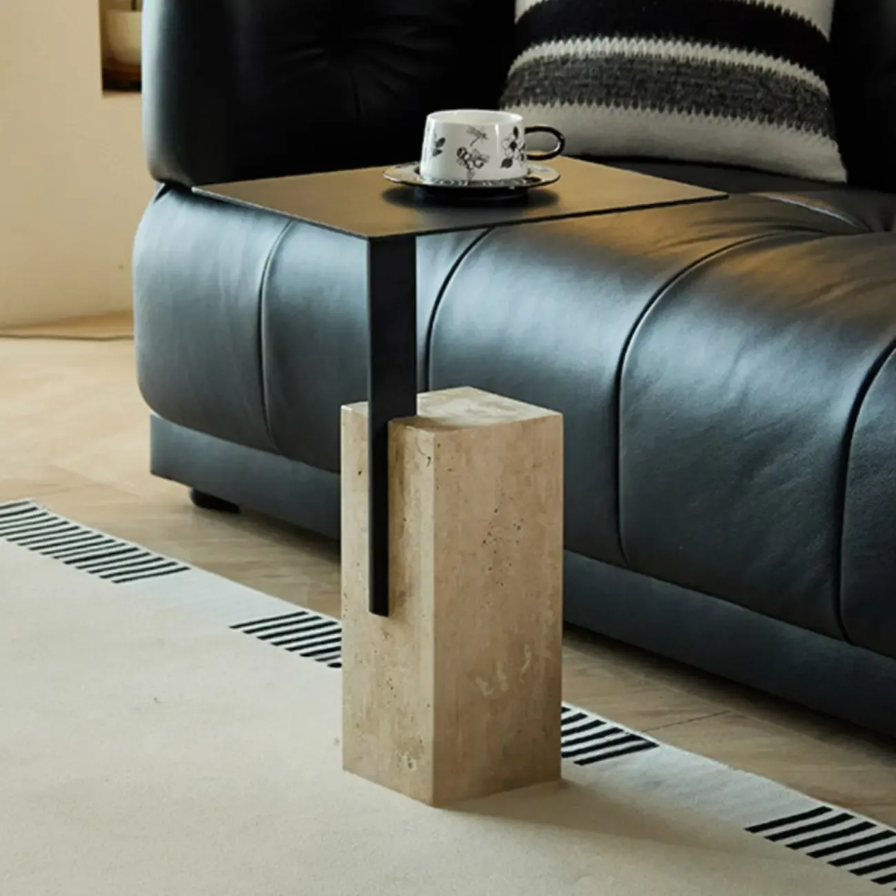 Modish Travertine Pedestal Metal Square Side Table Image - 1