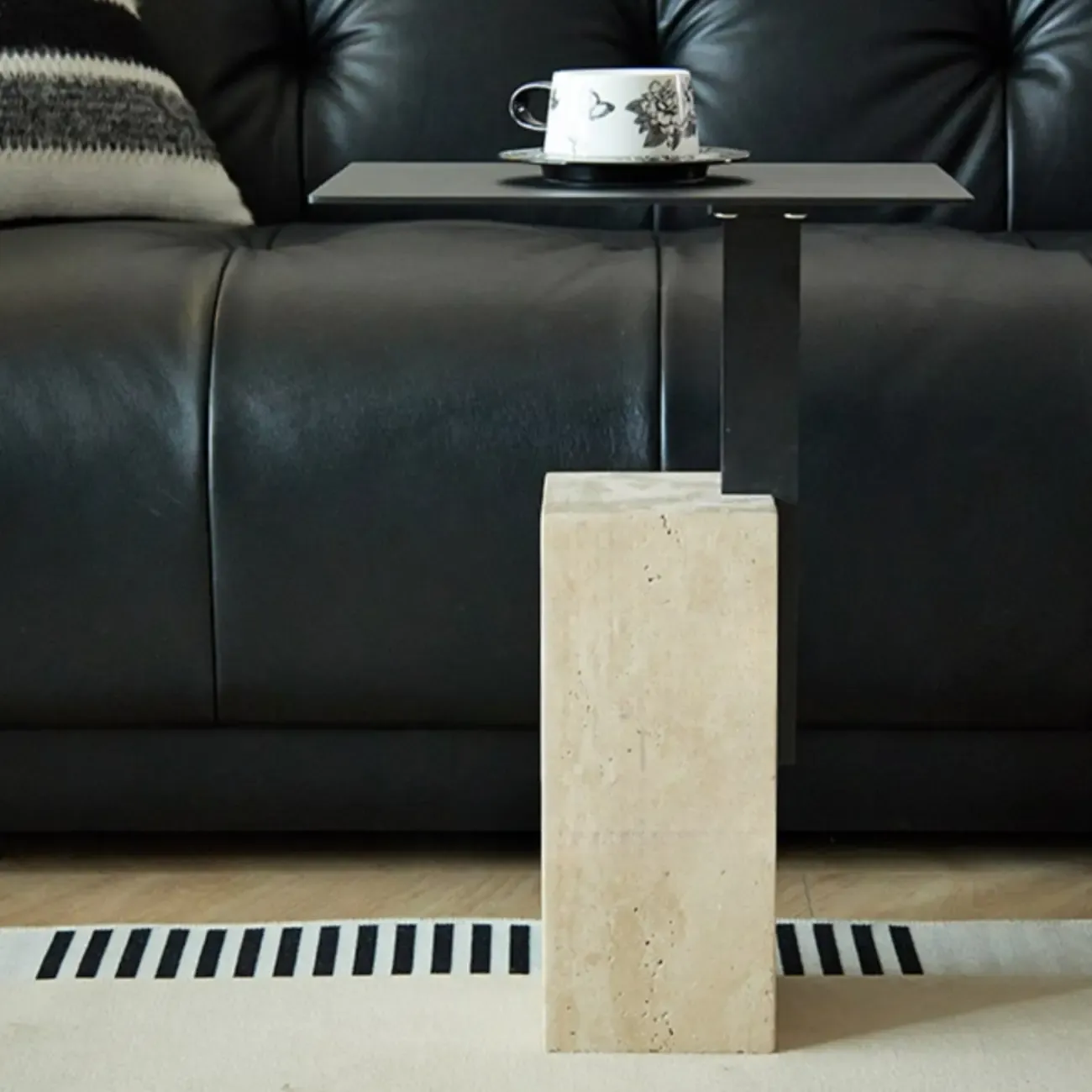 Modish Travertine Pedestal Metal Square Side Table Image - 3