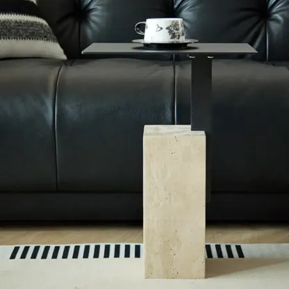 Modish Travertine Pedestal Metal Square Side Table Image - 3