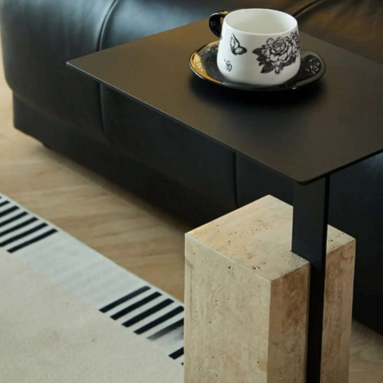 Modish Travertine Pedestal Metal Square Side Table Image - 6 | homeyfad