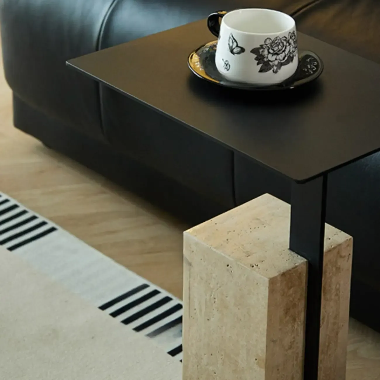 Modish Travertine Pedestal Metal Square Side Table Image - 6