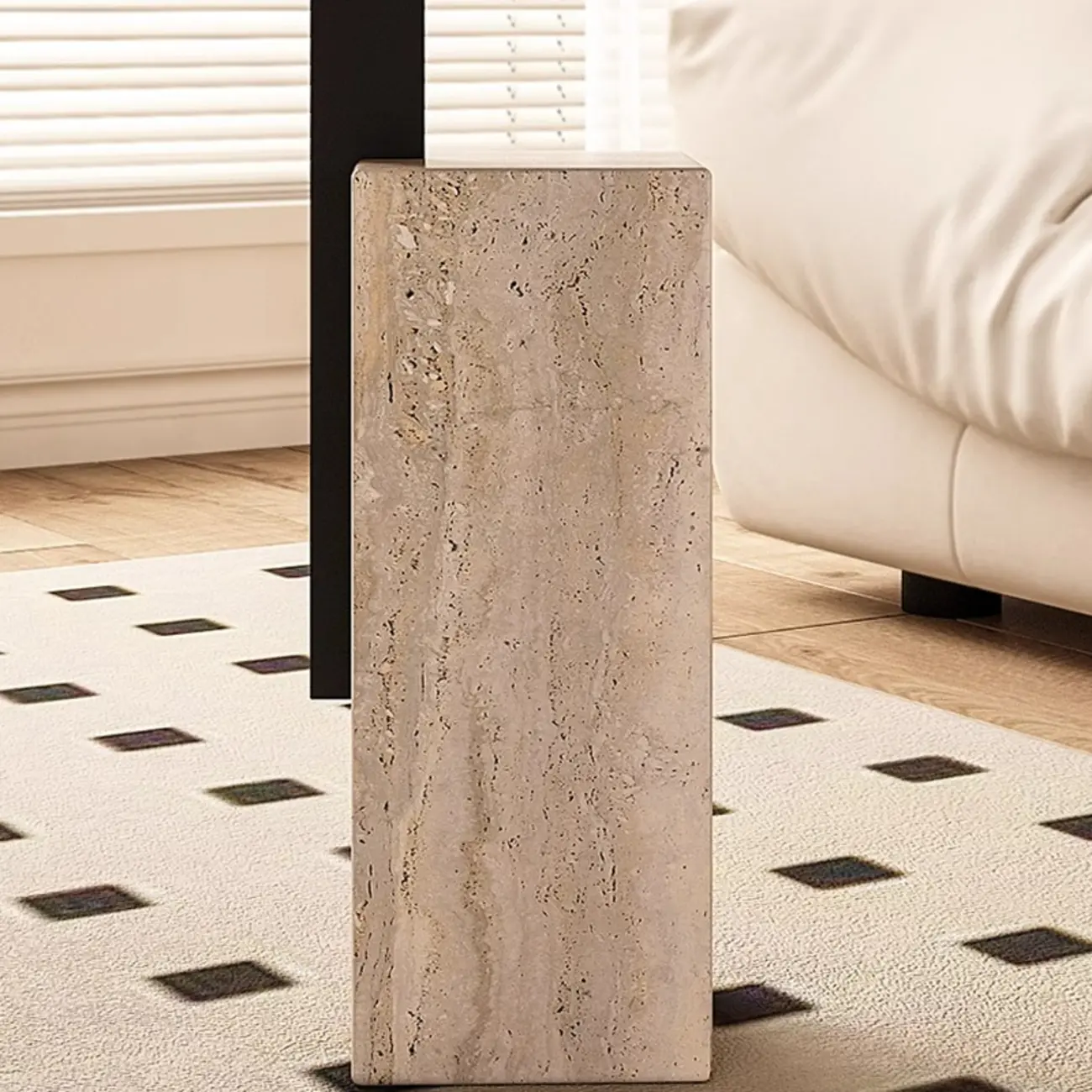 Modish Travertine Pedestal Metal Square Side Table Image - 9 | homeyfad