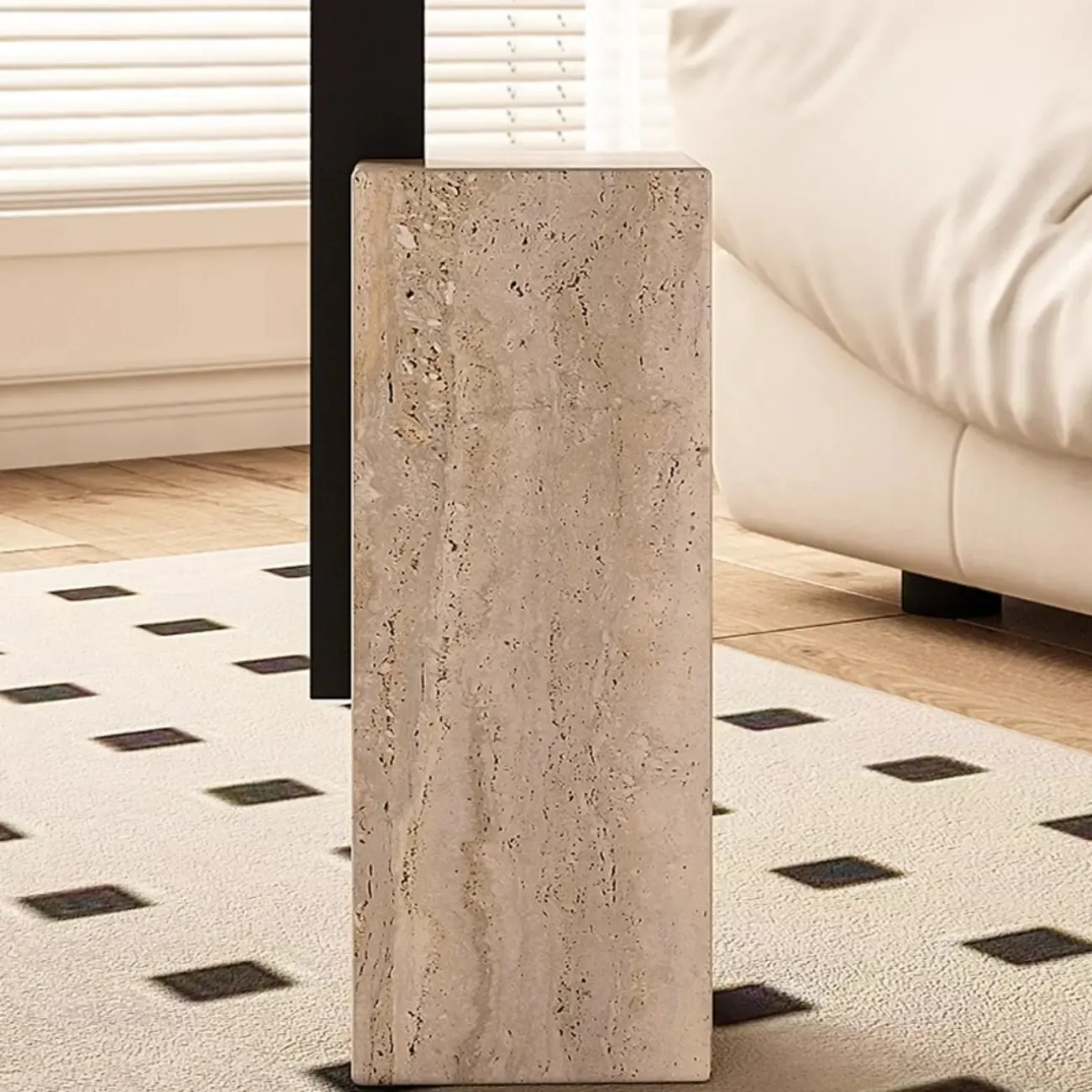Modish Travertine Pedestal Metal Square Side Table Image - 9
