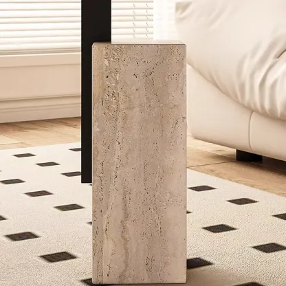 Modish Travertine Pedestal Metal Square Side Table Image - 9