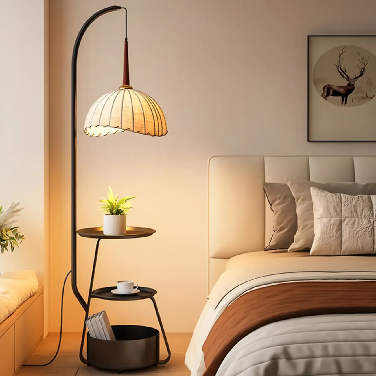 Elegant Fabric Iron Wood Storage Rack Arch Floor Lamp Image - 1