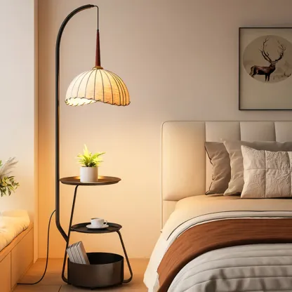 Elegant Fabric Iron Wood Storage Rack Arch Floor Lamp Image - 1