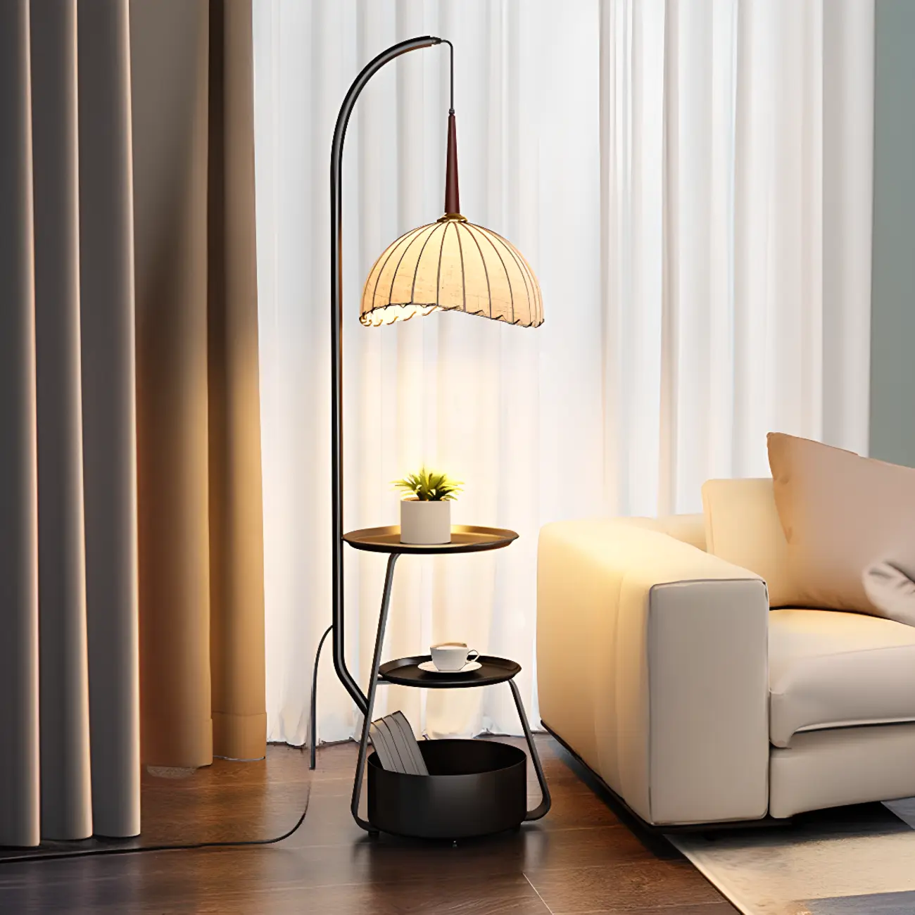 Elegant Fabric Iron Wood Storage Rack Arch Floor Lamp Image - 2 | homeyfad