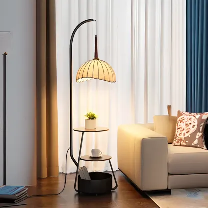 Elegant Fabric Iron Wood Storage Rack Arch Floor Lamp Image - 3