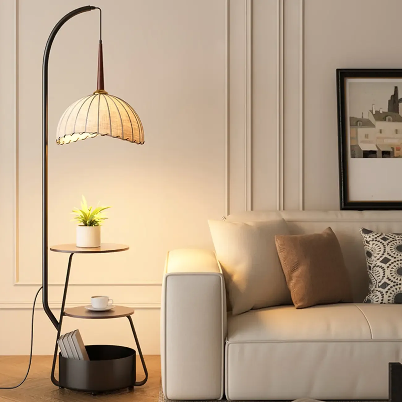 Elegant Fabric Iron Wood Storage Rack Arch Floor Lamp Image - 4