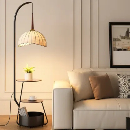 Elegant Fabric Iron Wood Storage Rack Arch Floor Lamp Image - 4