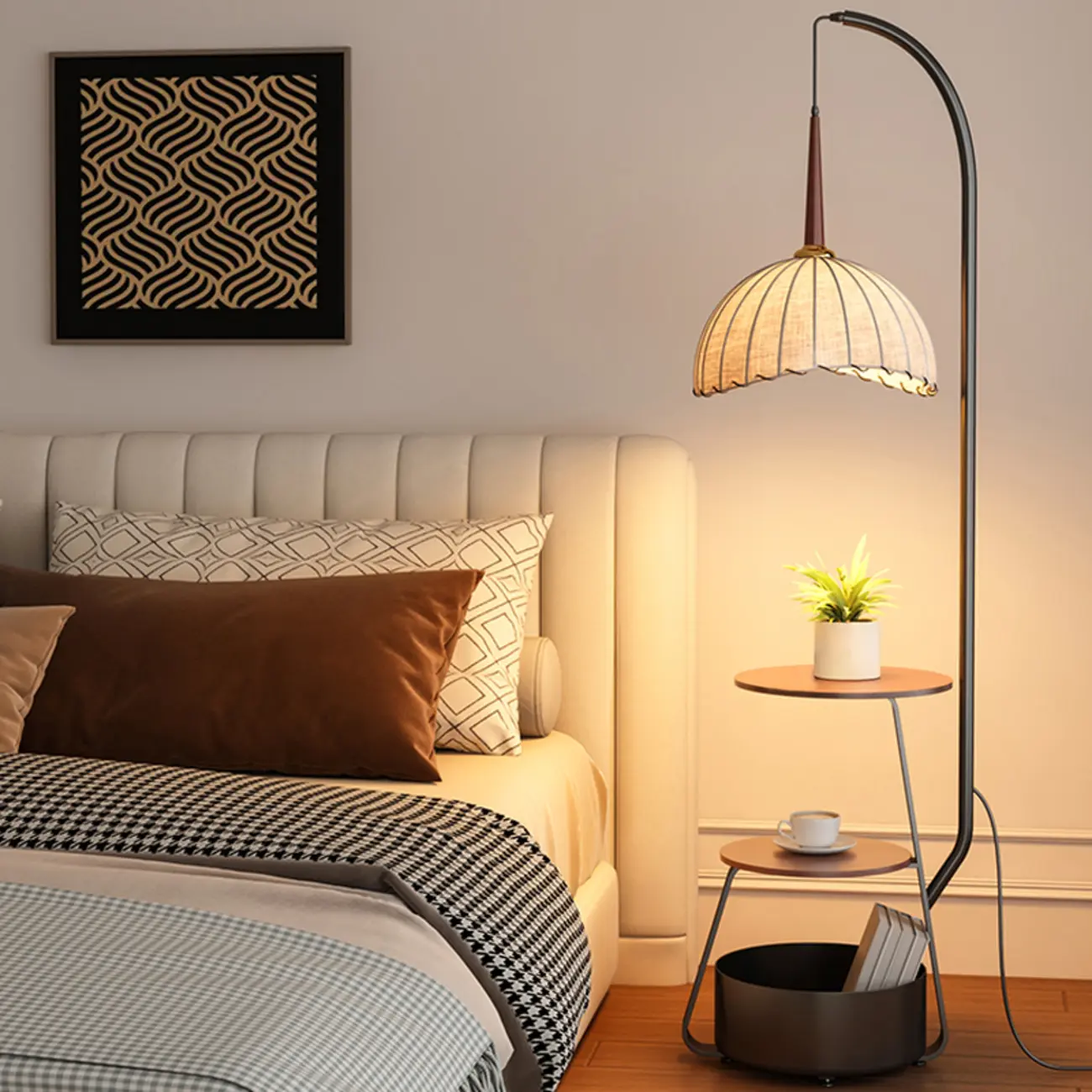 Elegant Fabric Iron Wood Storage Rack Arch Floor Lamp Image - 5 | homeyfad