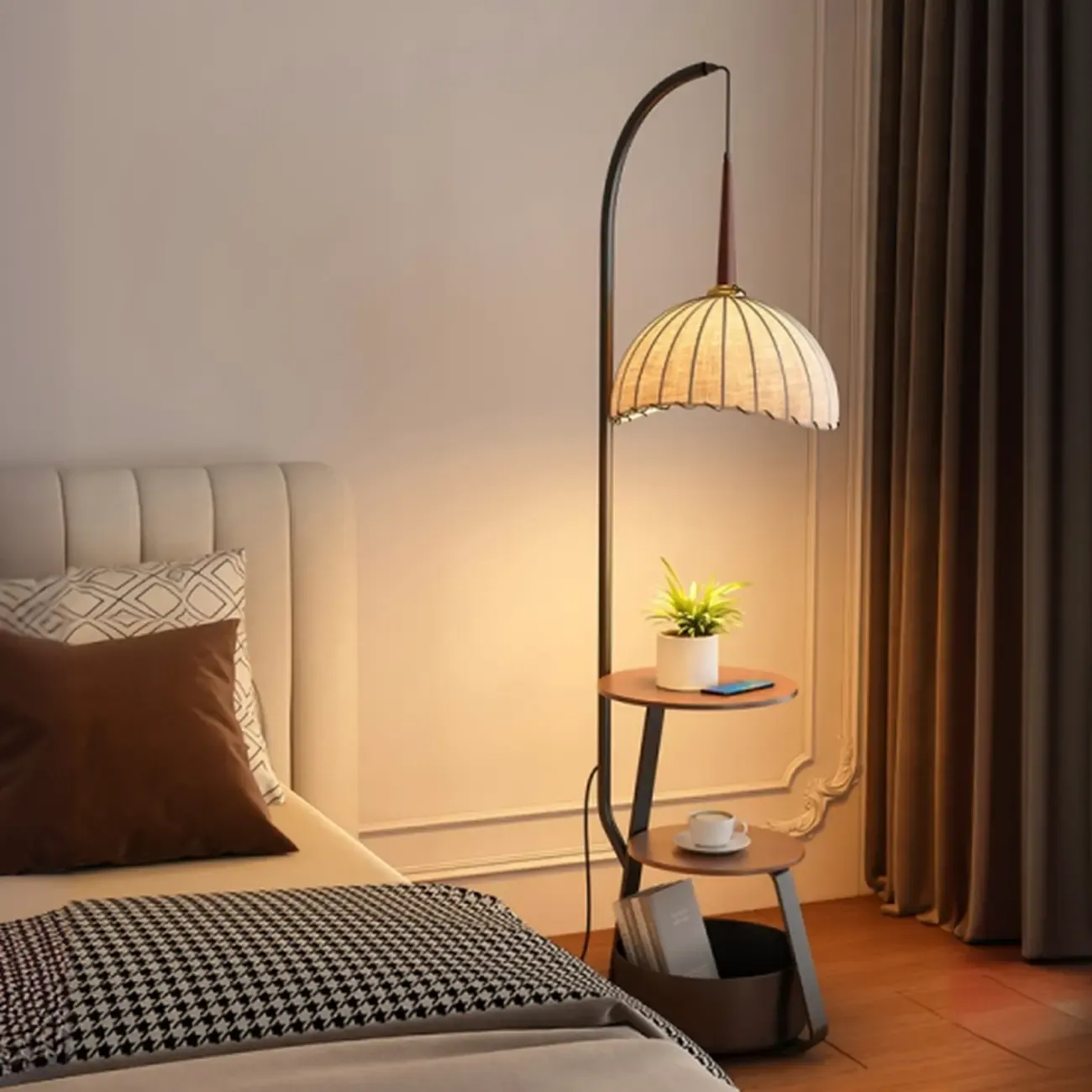 Elegant Fabric Iron Wood Storage Rack Arch Floor Lamp Image - 6