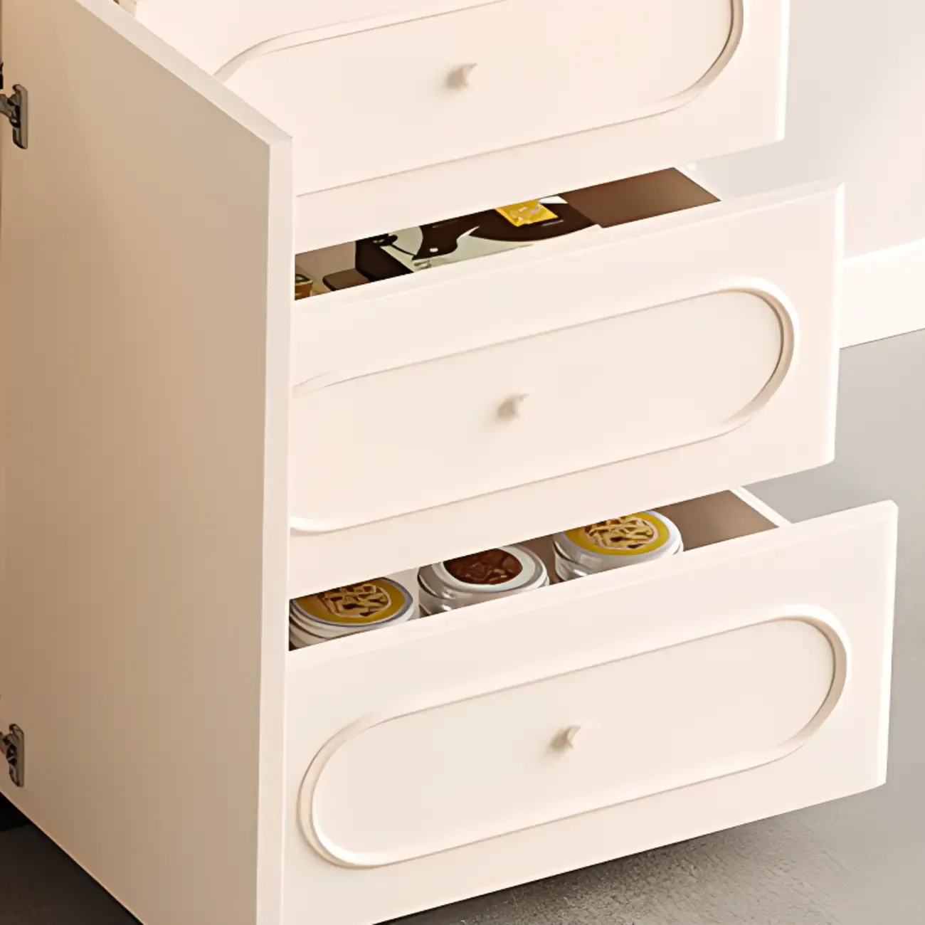 Modish White Kitchen Storage Cabinet with 3 Drawers Image - 10