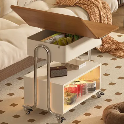 Modern Foldable Top Wheeled Side Table with Hidden Storage Image - 1