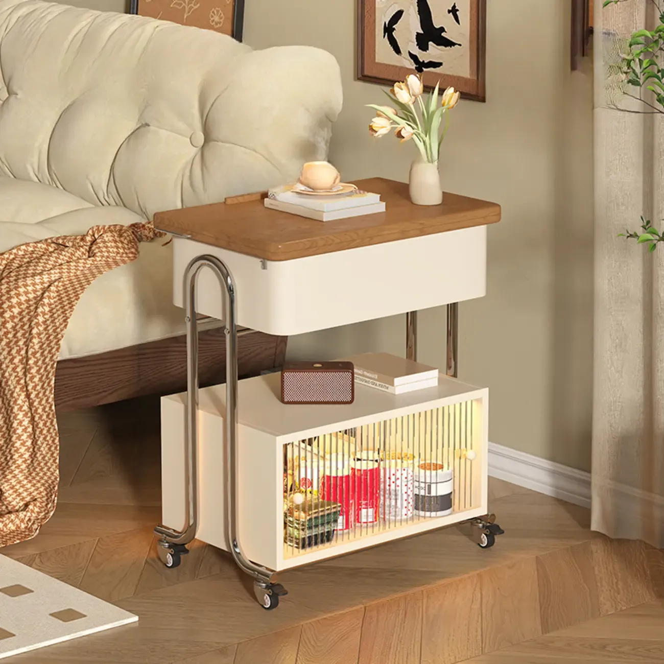 Modern Foldable Top Wheeled Side Table with Hidden Storage Image - 4