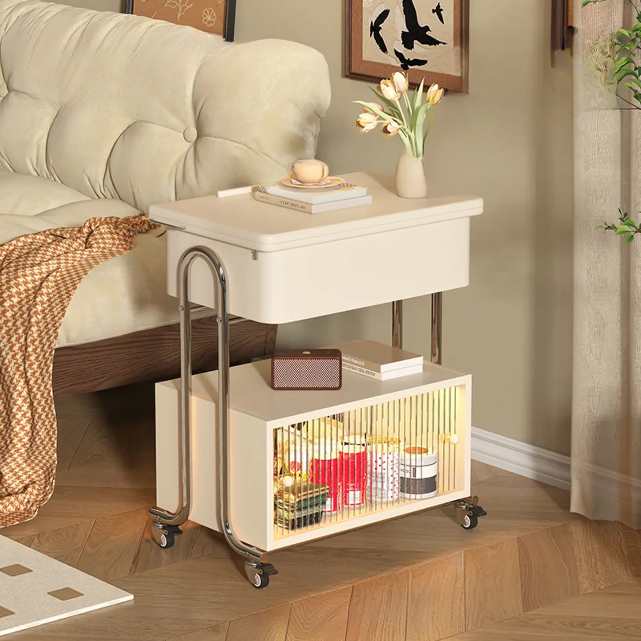 Modern Foldable Top Wheeled Side Table with Hidden Storage Image - 5 | homeyfad
